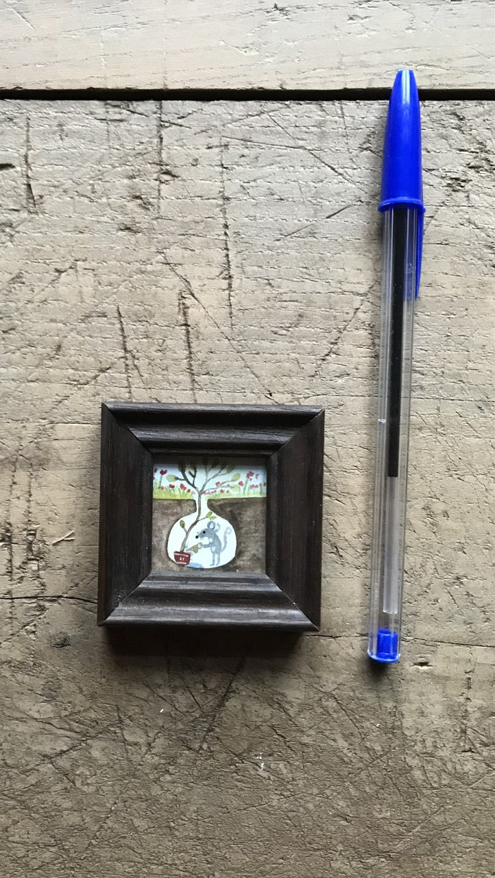 My plants - tiny original painting in wooden frame