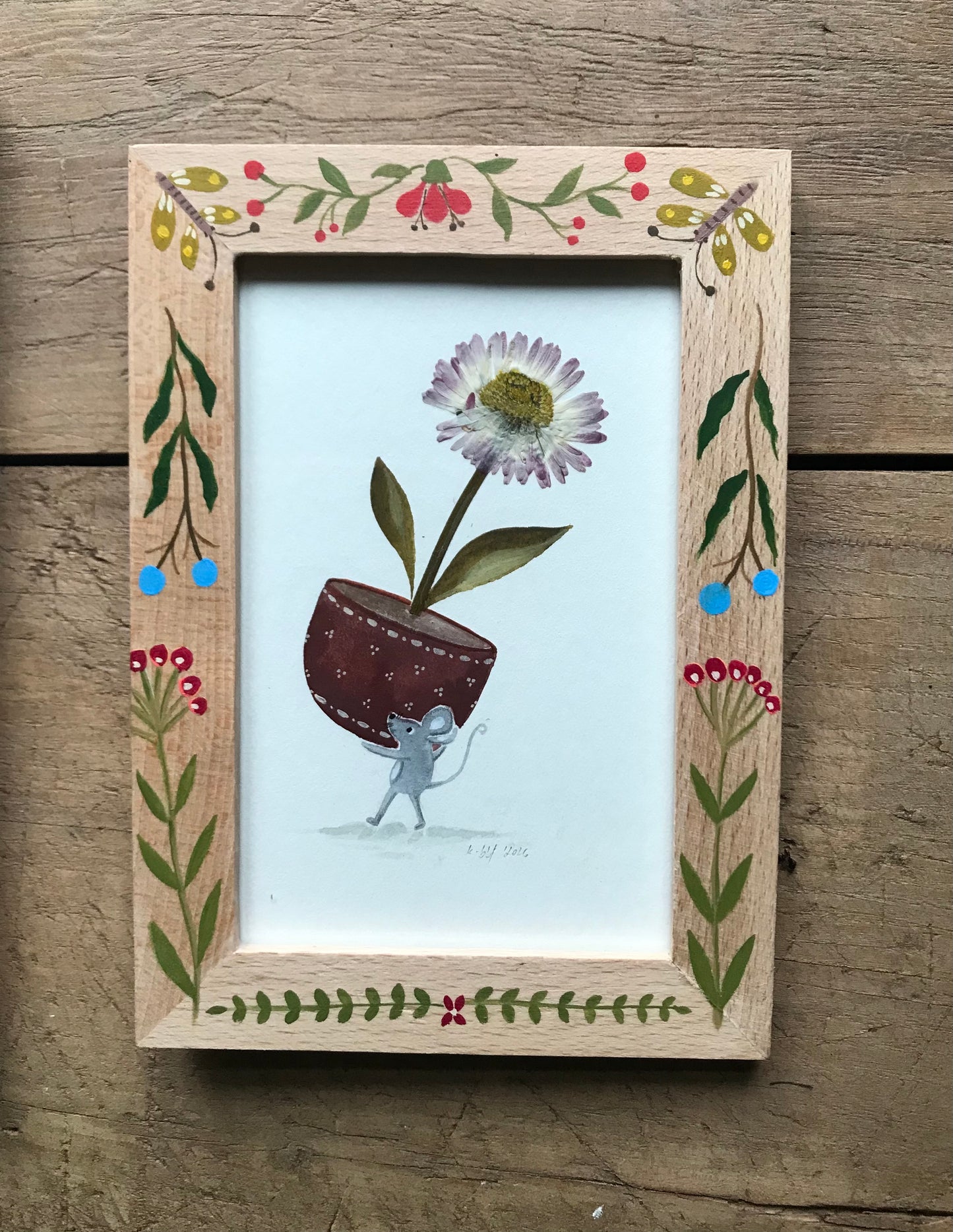 Flower pot - original painting in a handpainted wooden frame