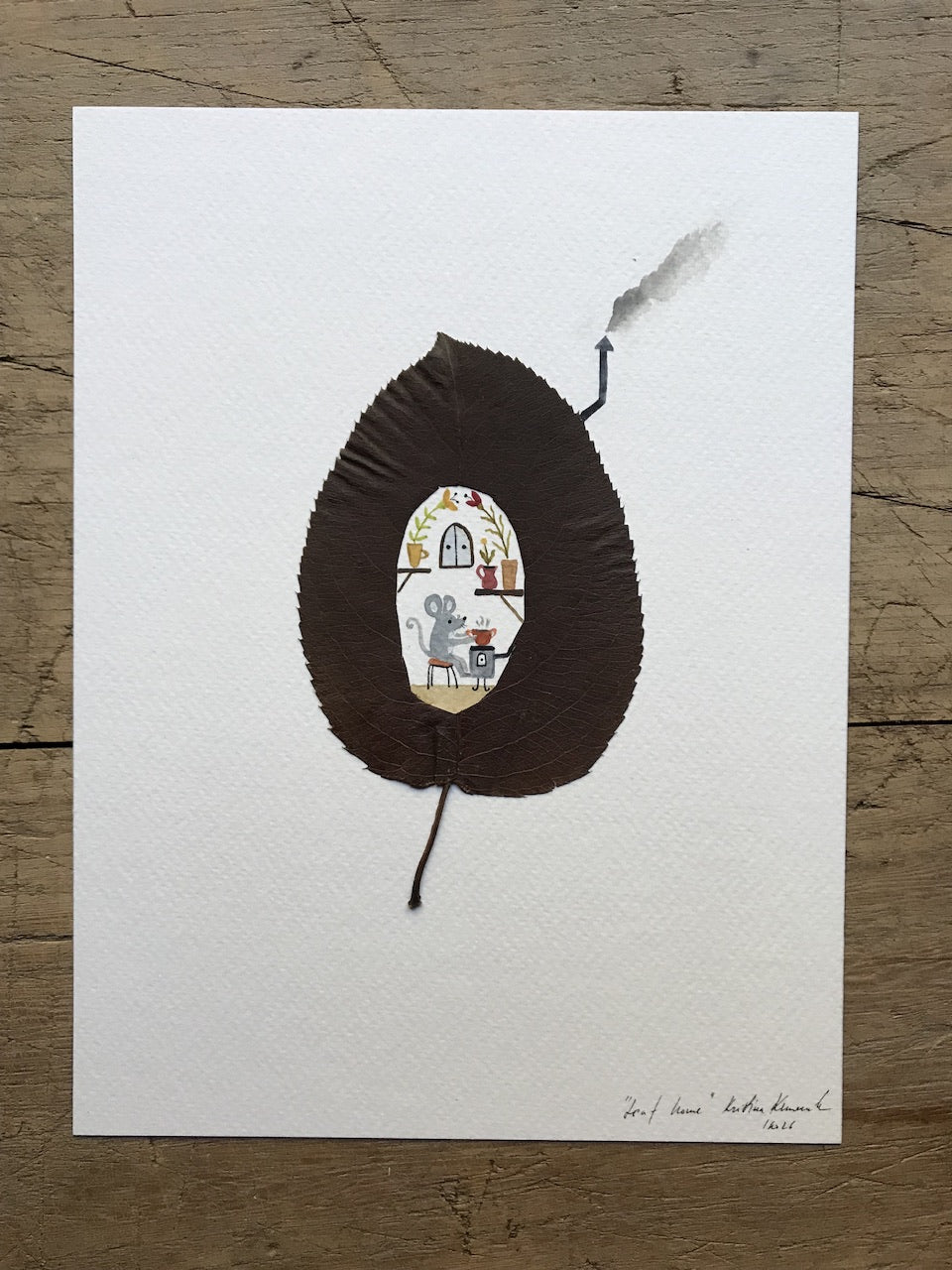 Leaf home - cup of tea /original painting with a pressed plant collage