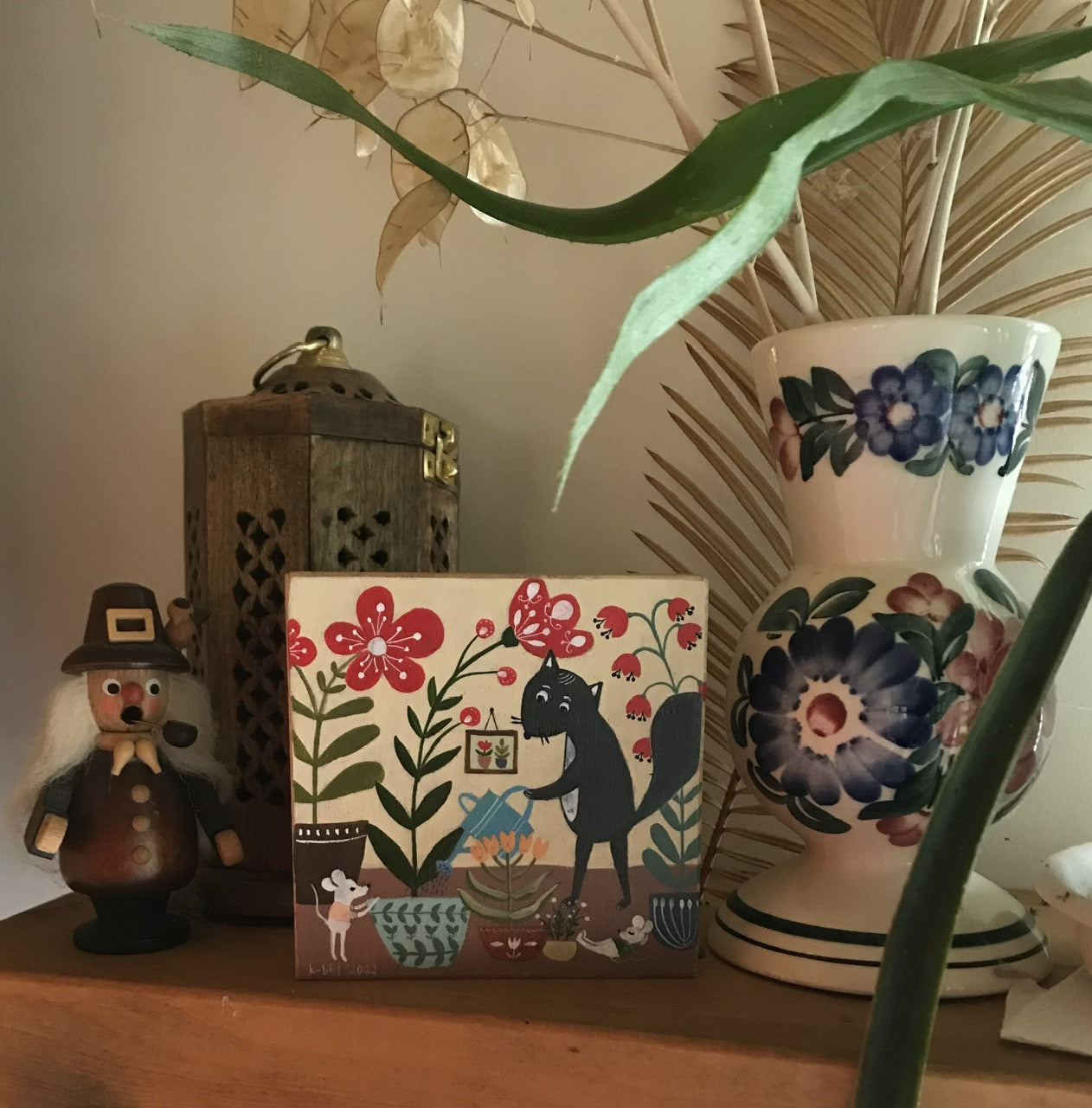 Watering my plants -painting on wooden block