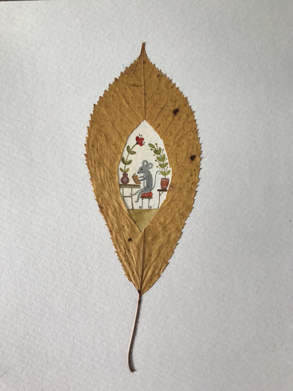 At home - original painting with a pressed plant collage