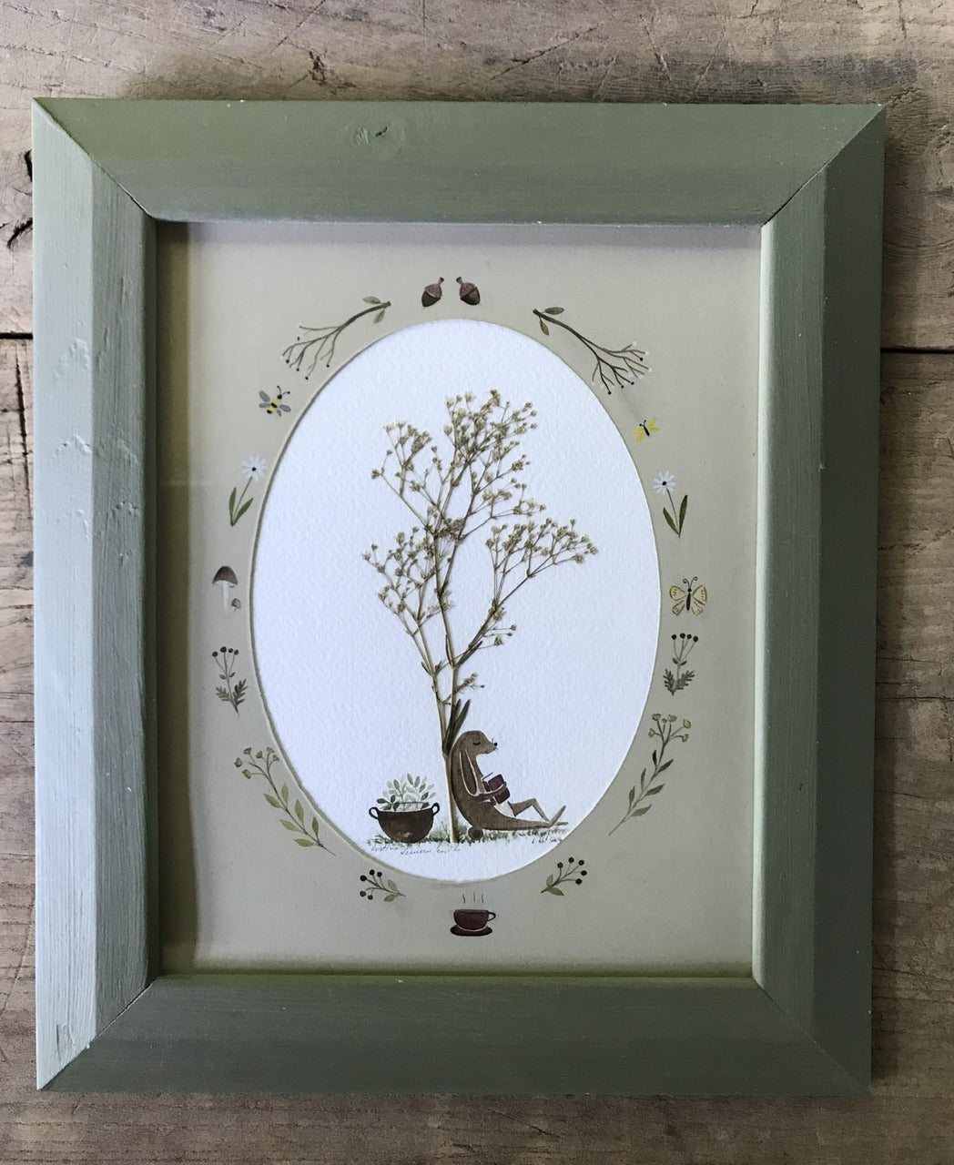 A nice day - original painting in wooden frame / pressed plant collage