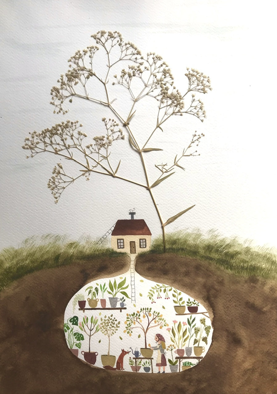 My secret garden - original painting with a pressed plant collage
