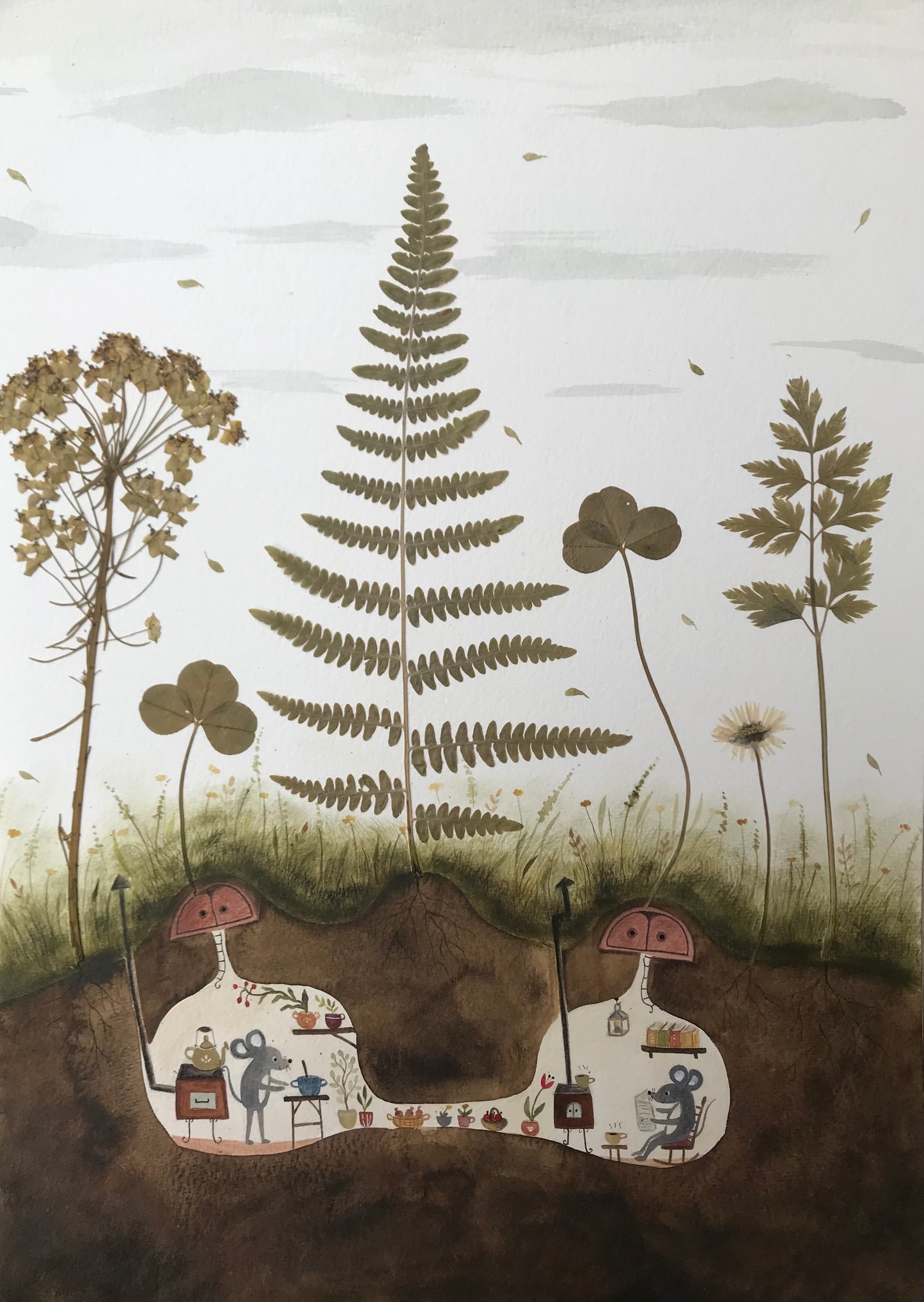 Our sweet home - original painting with a pressed plant collage