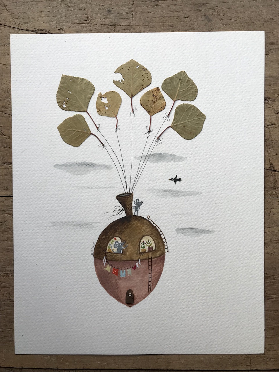 Up. / original painting with a pressed plant collage