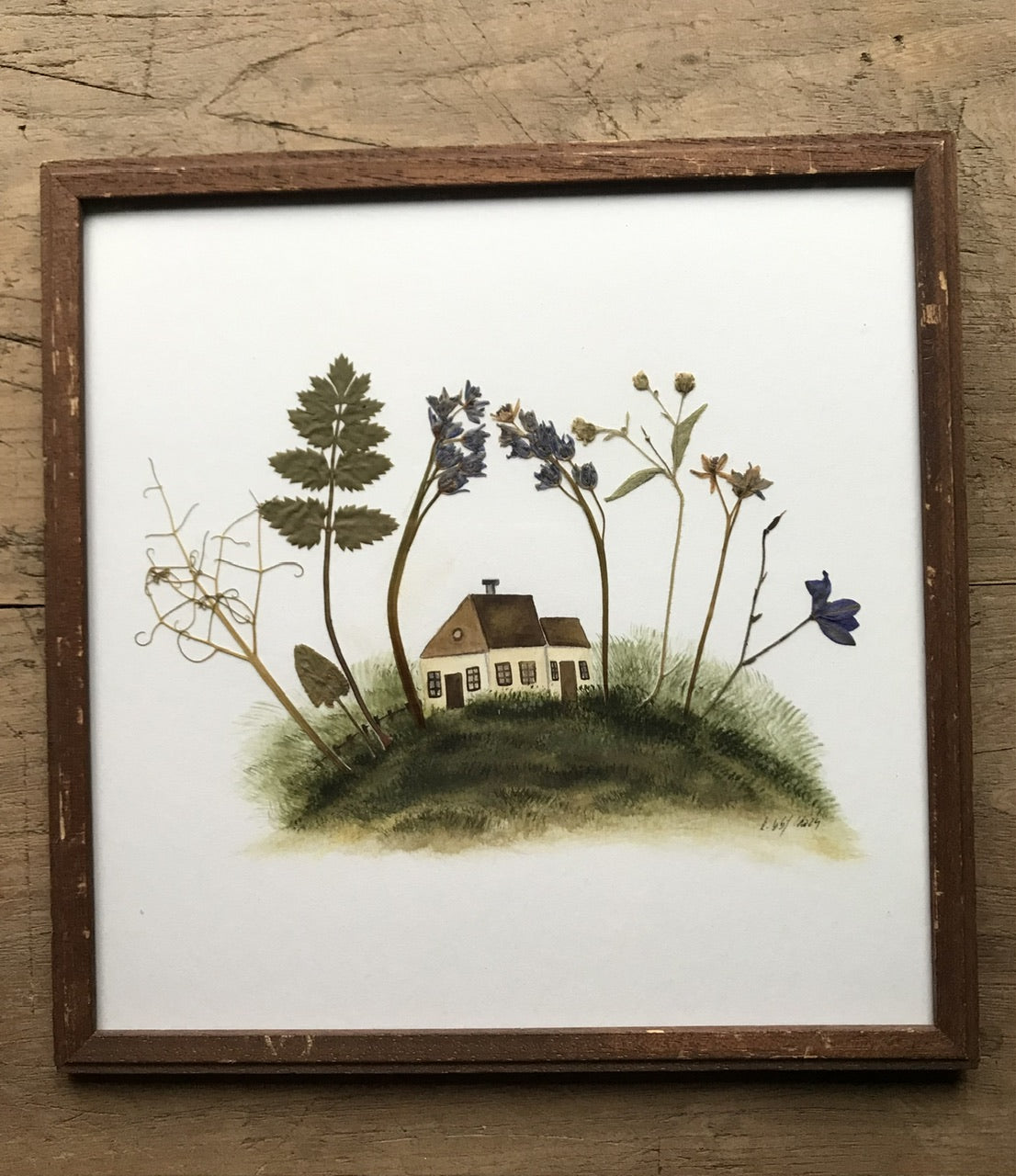 Home - original painting in wooden vintage  frame / pressed plant collage