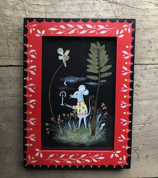 Nightlife  - original painting in wooden frame / pressed plant collage