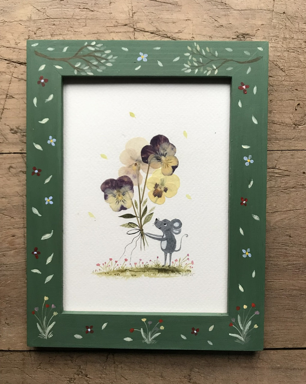 Flowers for you.  - original painting in wooden frame / pressed plant collage