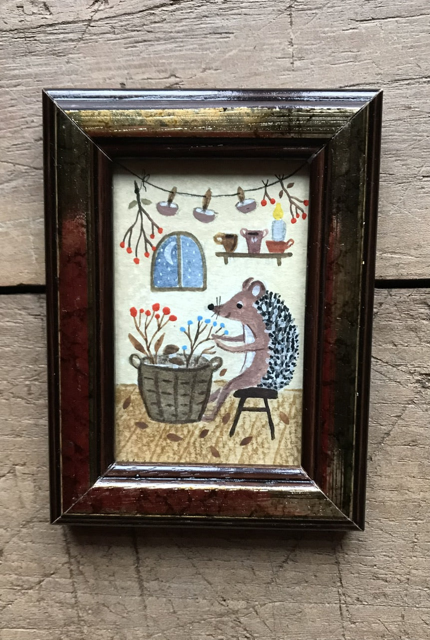 Hedgehog with herbs - original painting in wooden frame