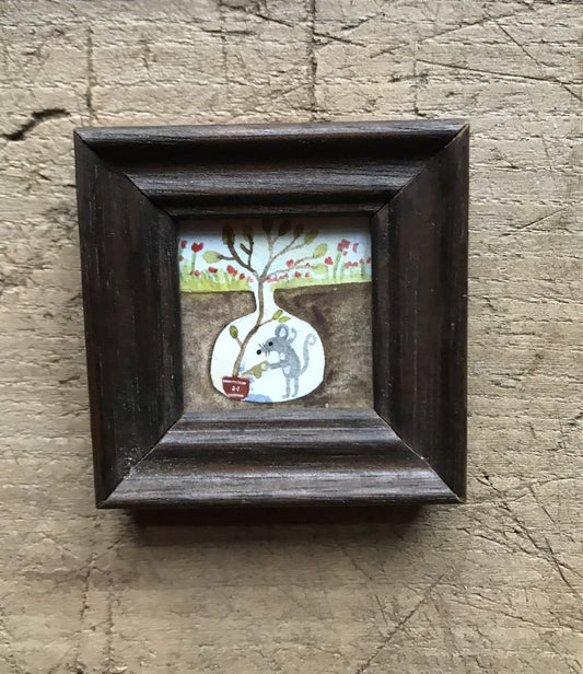 My plants - tiny original painting in wooden frame