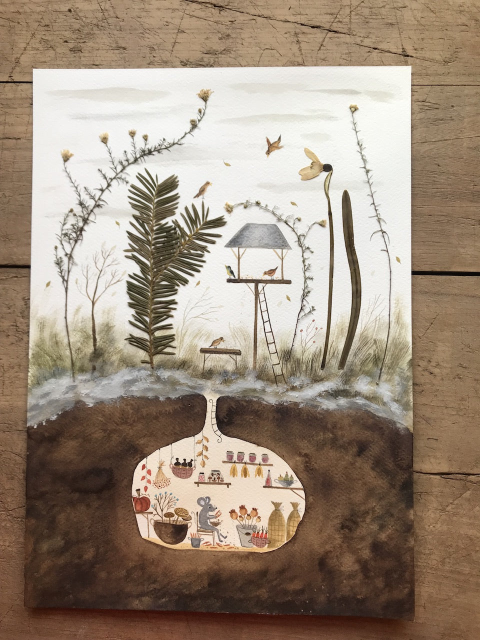 Feeding the birds   - original painting with a  pressed plant collage