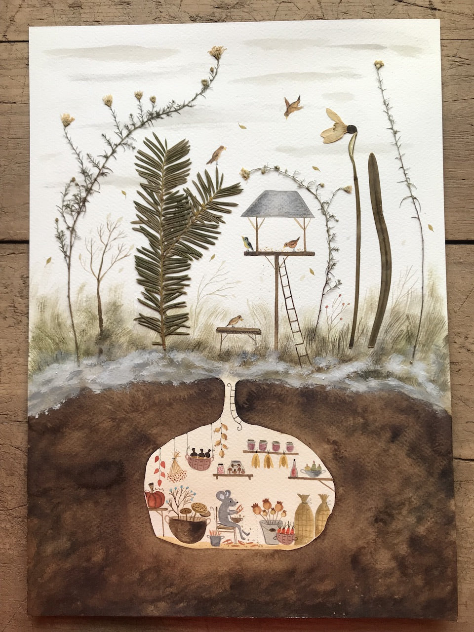 Feeding the birds   - original painting with a  pressed plant collage