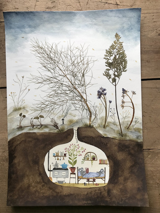 Together   - original painting with a  pressed plant collage