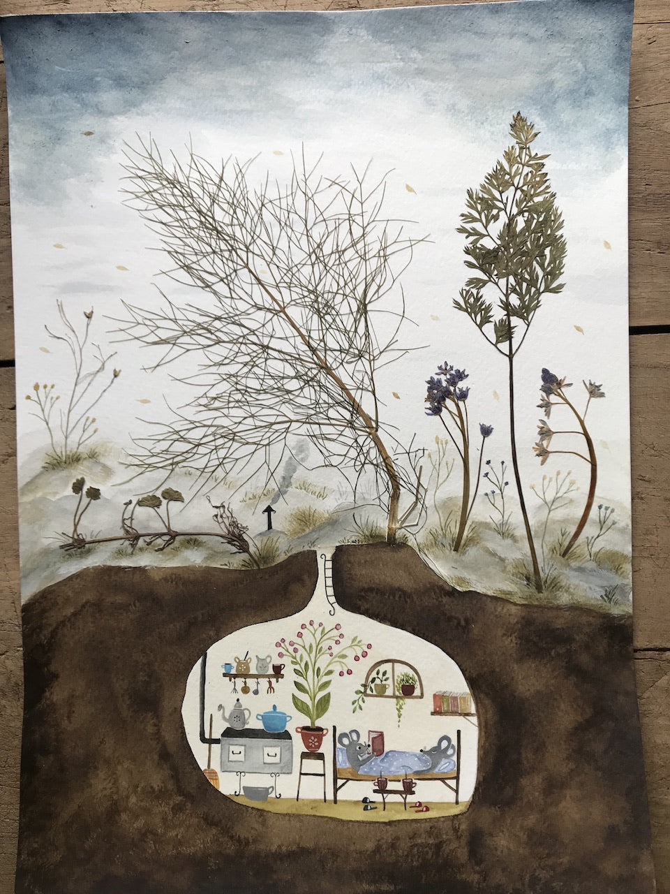 Together   - original painting with a  pressed plant collage