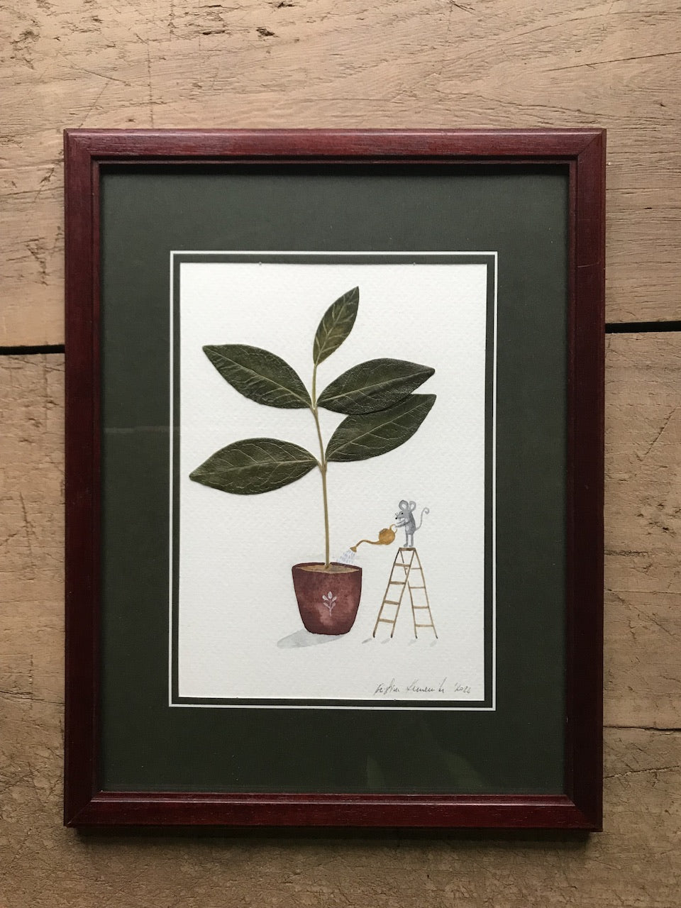 Houseplant lover  - original painting in wooden frame / pressed plant collage