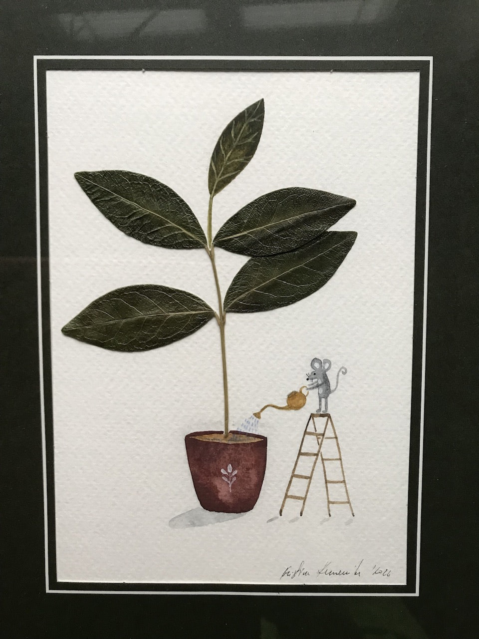 Houseplant lover  - original painting in wooden frame / pressed plant collage