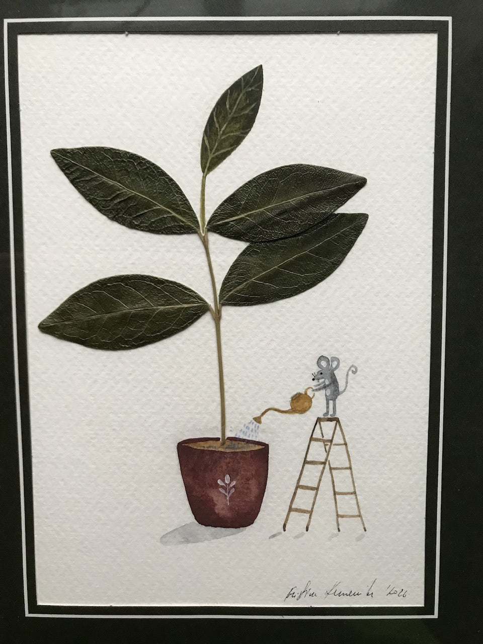 Houseplant lover  - original painting in wooden frame / pressed plant collage