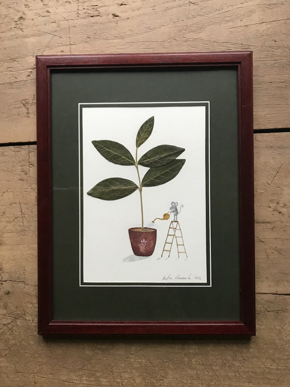 Houseplant lover  - original painting in wooden frame / pressed plant collage