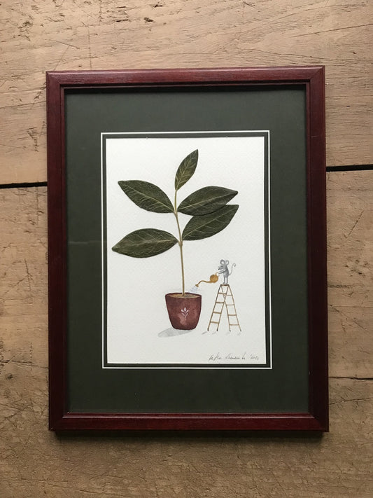 Houseplant lover  - original painting in wooden frame / pressed plant collage