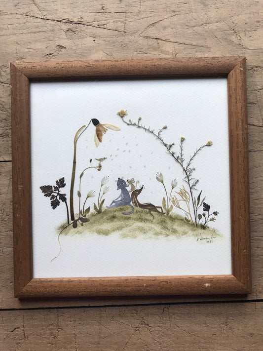 Friendship  - original painting in wooden frame / pressed plant collage