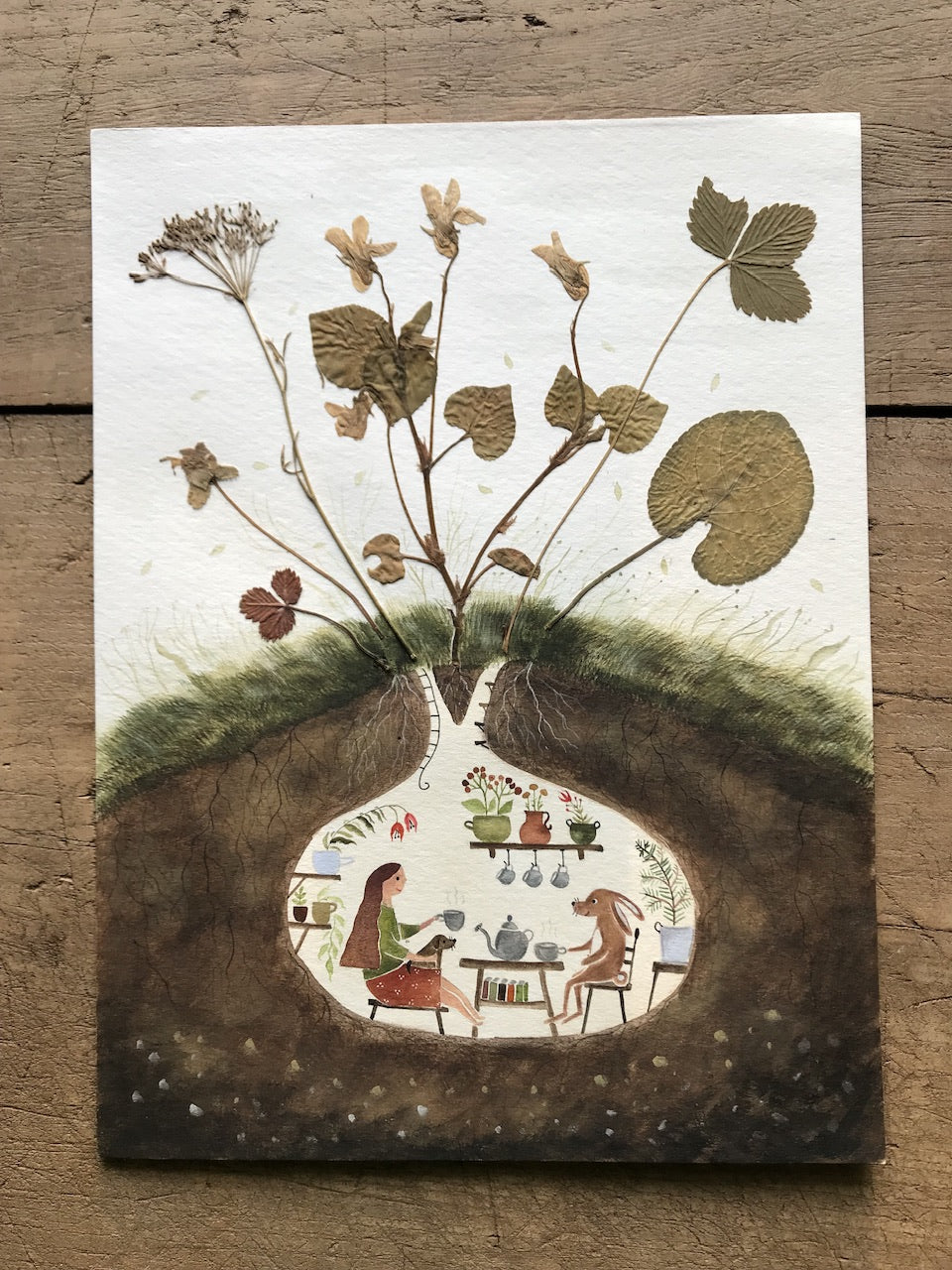 Tea together   - original painting with a  pressed plant collage