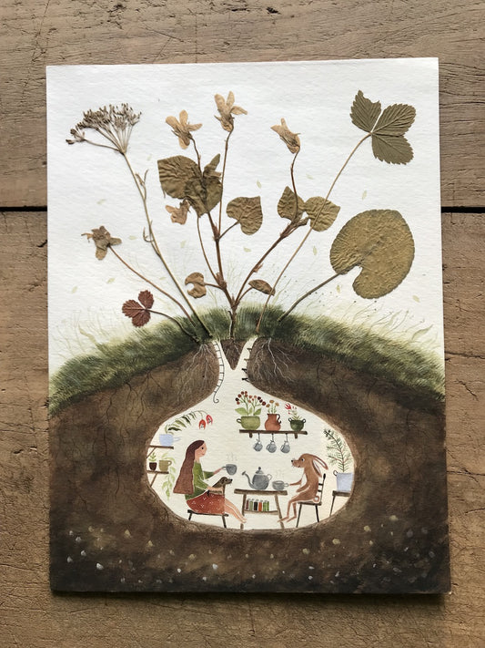 Tea together   - original painting with a  pressed plant collage