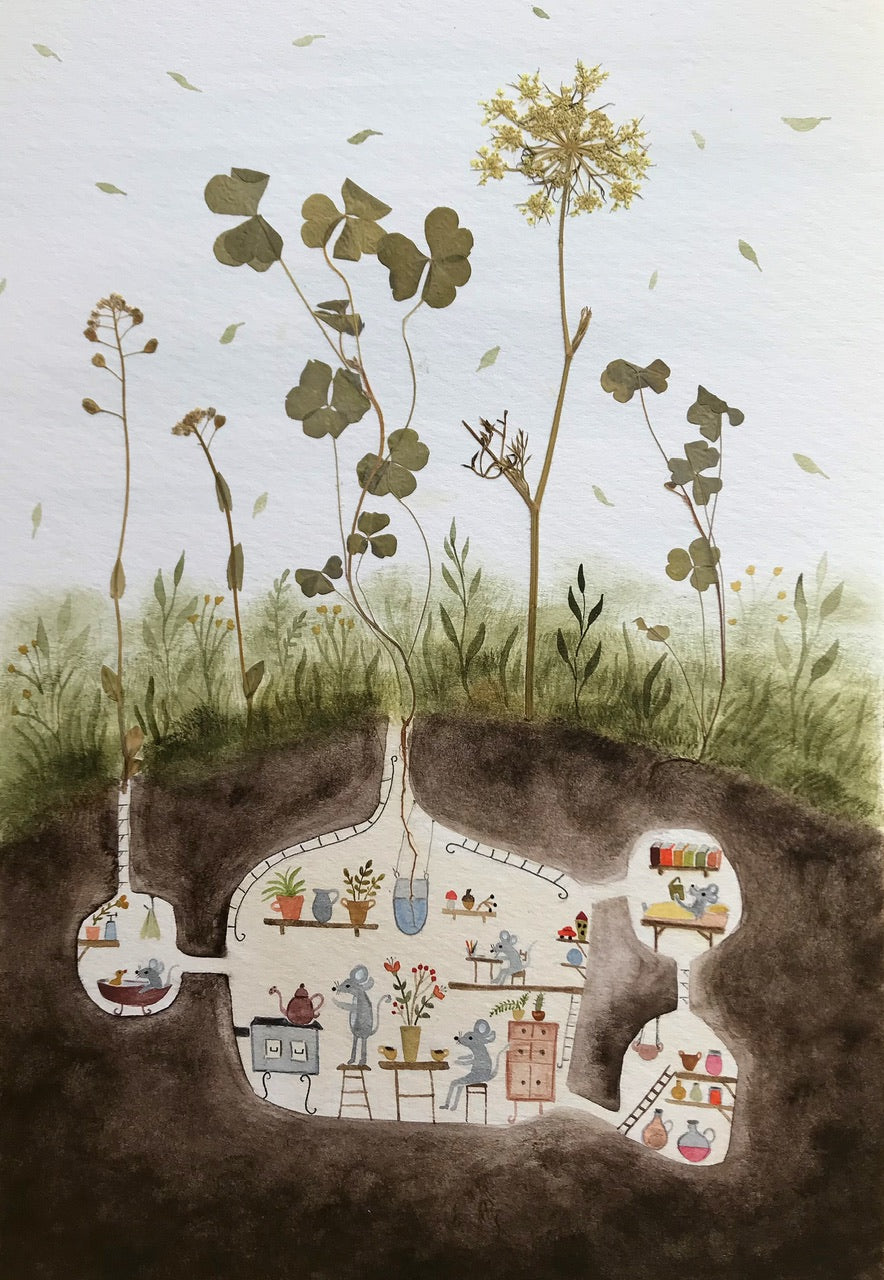 Feeding the birds / original painting with a pressed plant collage