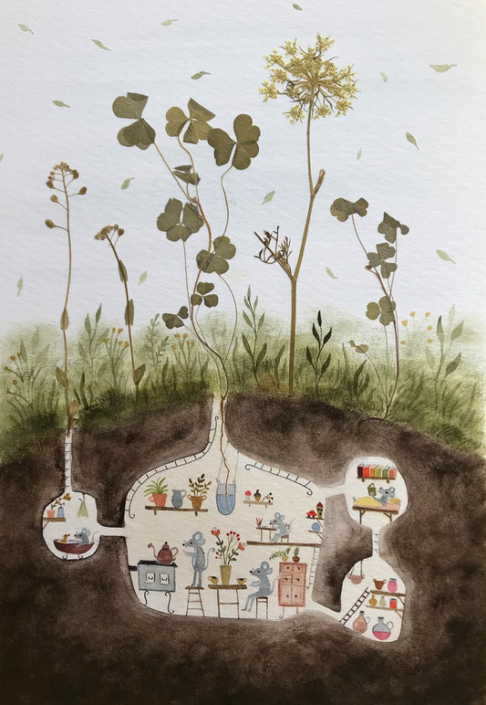 Feeding the birds / original painting with a pressed plant collage