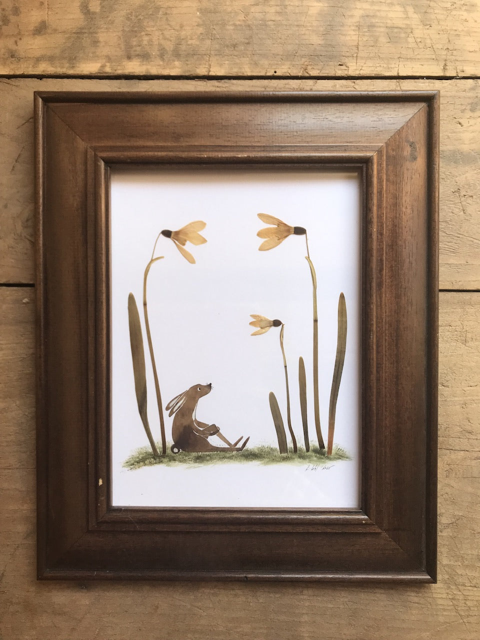 Snowdrops - pressed plant collage framed in a vintage wooden frame