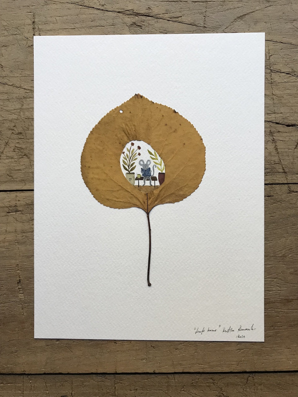 Leaf home - reading  / original painting with a pressed plant collage