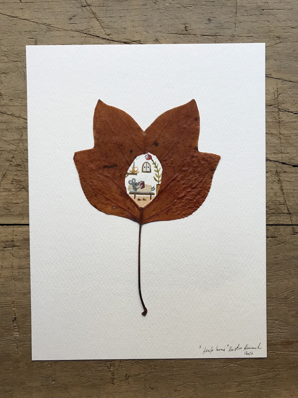 Leaf home - reading in bed  / original painting with a pressed plant collage