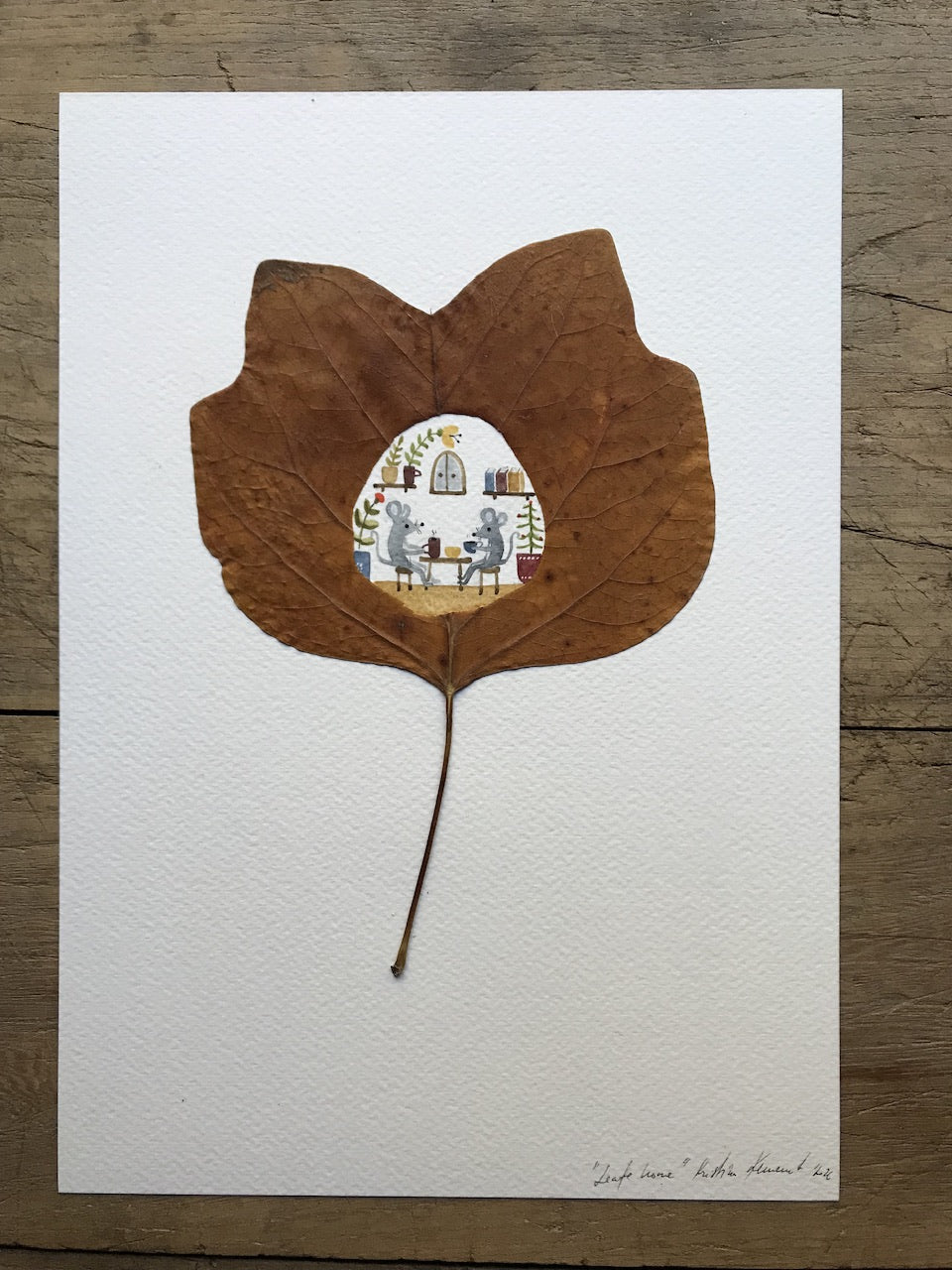 Leaf home  - having a cup of tea   / original painting with a pressed plant collage