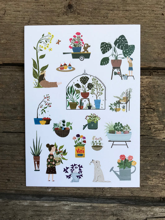 Gardening - stickers on postcard