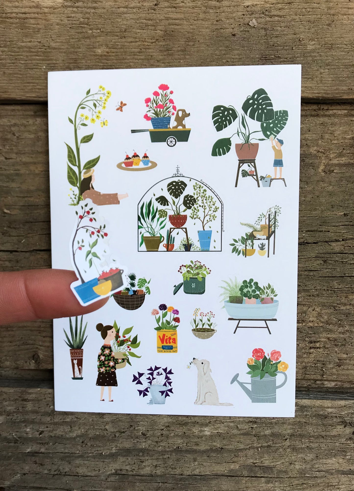 Gardening - stickers on postcard