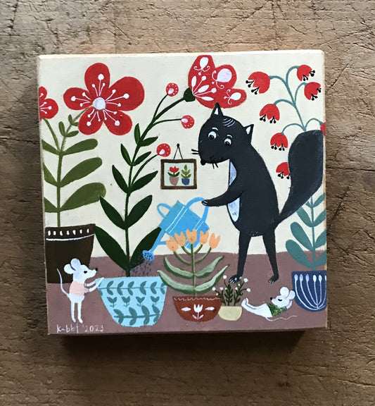 Watering my plants  -painting on wooden block