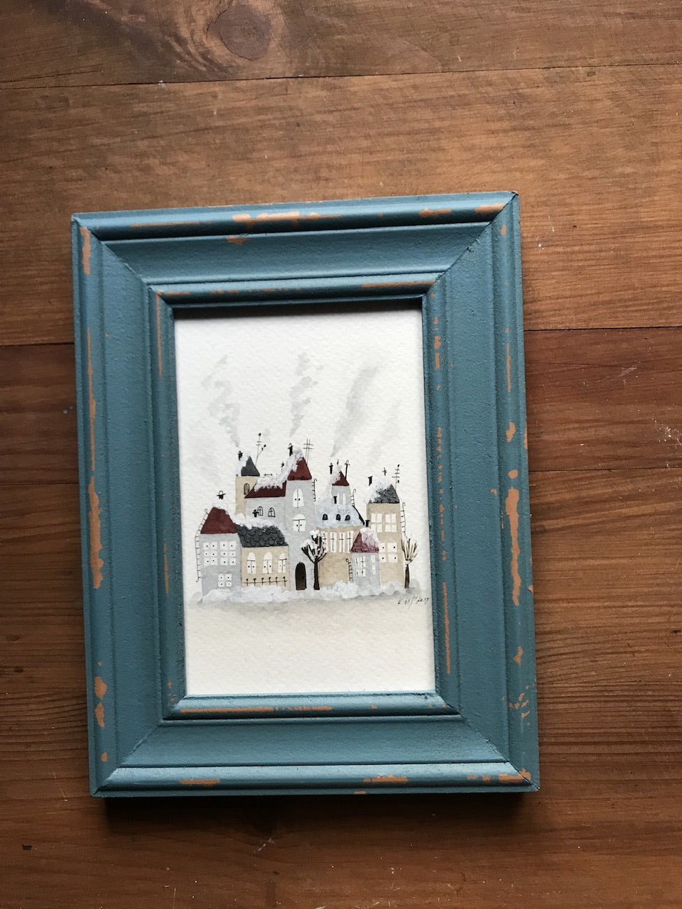 Winter town   - original painting in wooden frame