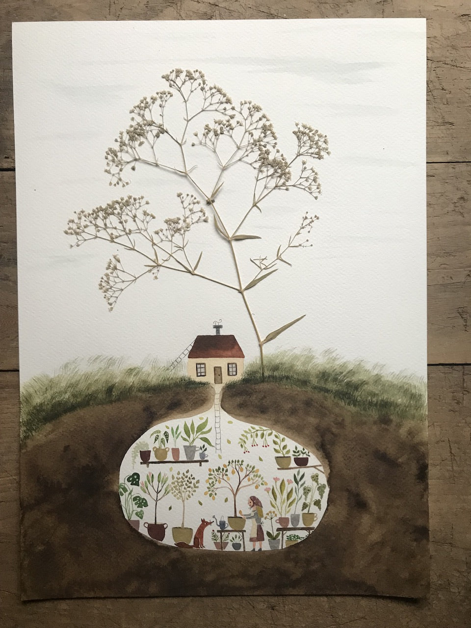 My secret garden - original painting with a  pressed plant collage