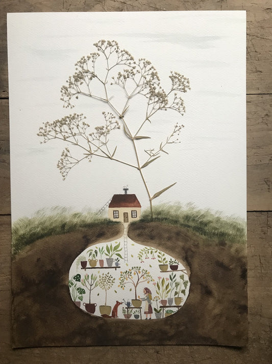 My secret garden - original painting with a  pressed plant collage