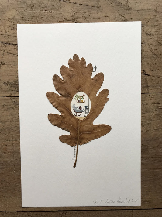 Chilling at home / original painting with a pressed plant collage