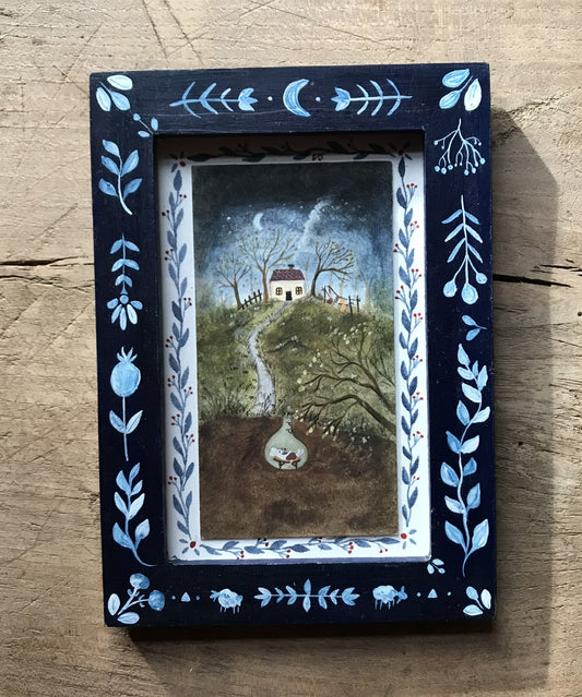 Under the little cottage - original painting in handpainted wooden frame