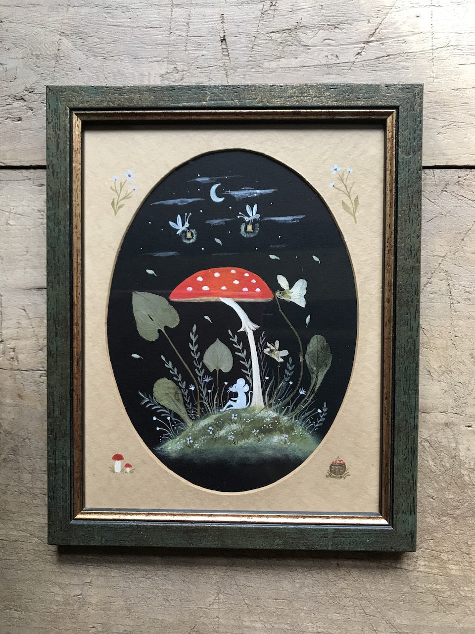Under the mushroom  - original painting in wooden frame / pressed plant collage