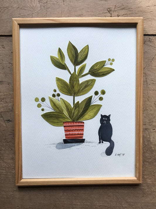 Houseplant lover   - original painting in wooden frame / paper collage