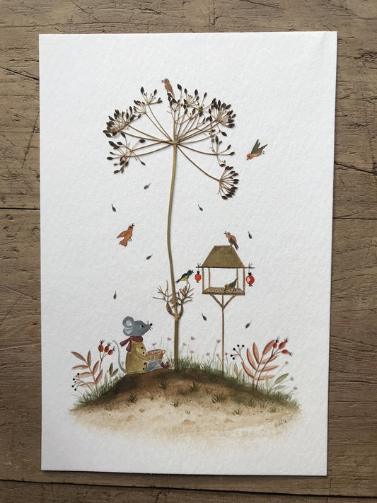 Feeding the birds / original painting with a pressed plant collage